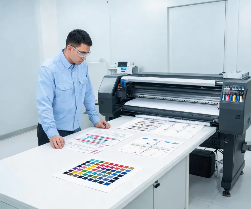Technician examining printhead alignment and output swatches