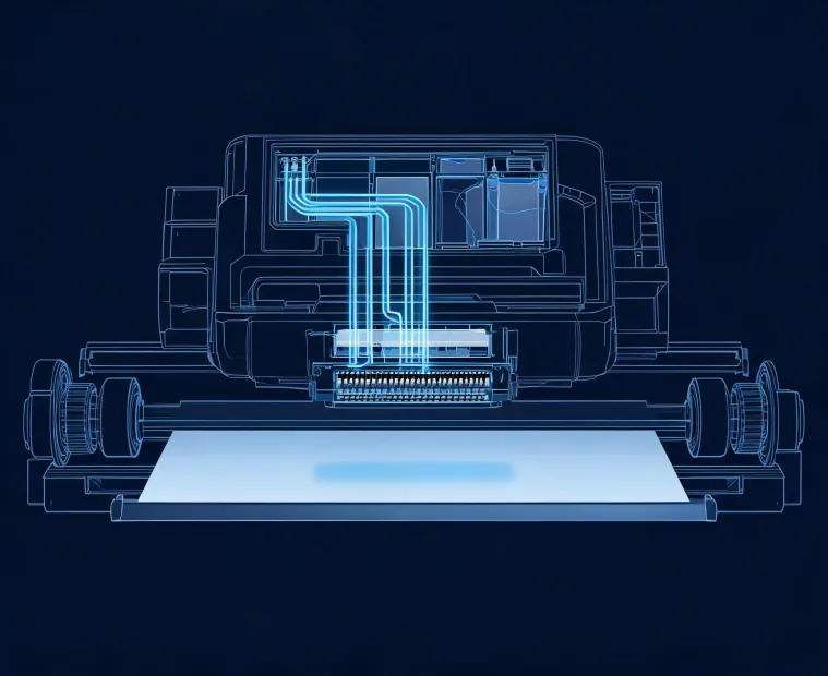 Technical cutaway of ink delivery and media transport